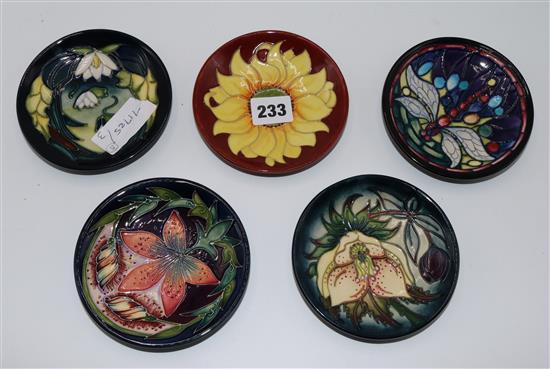 Five Moorcroft floral dishes